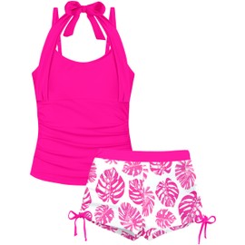 TALLWH - Traje de baño de 2 piezas con cuello halter, tankini para niñas, traje de baño con estampado de cordón, traje de baño para niñas de 7 a 18 años, Rojo rosa, 15-16 años