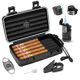 Flauno Travel Cigar Humidor Case - Portable Humidor Kit with Lighter (Without Gas), Cutter, Holder, Humidifier & Dropper, Waterproof, Crushproof, Airtight Seal (Holds up to 10 Cigars)
