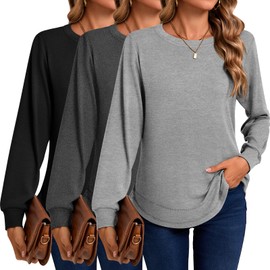 Ficerd 3 Pack Women's Long Sleeve Shirts, Casual Crew Neck Tunic Tops Loose Fit Pullover Curved Hem Shirts 2025 Trendy(Black, Dark Gray, Light Gray,XX-Large)