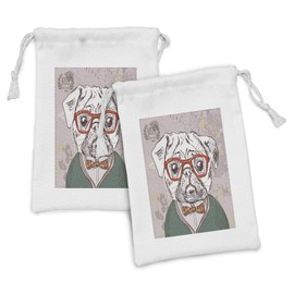 Ambesonne Dog Fabric Pouch Set of 2, Vintage Illustration of Old Hipster Pug Pet Glasses Bow Master of Professor Funny, Small Drawstring Bag for Toiletries Masks and Favors, 9" x 6", Multicolor