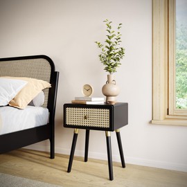 Bme Aurelia Solid Wood and Rattan Nightstand, Woven Cane End Table, Bedside Table for Modern Bedroom, Boho Living Room with Tall Wood Legs Large Storage 1-Drawer, Black