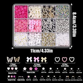 3D Nail Charms,White Pink Bow Heart Flower Pearl Nail Art Charms Butterfly Nail Gems with Gold Silver Caviar Beads,Nail Rhinestones Nail Art Decorations for Women Girls Manicure Design DIY Craft