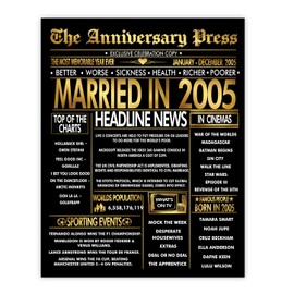 Stuff4 Gold 20th Anniversary Poster Unframed - Golden Married In 2005 Newspaper - Happy 20 Wedding Anniversary for Men Women Vintage Gifts Back In 2005, 8x10 Inch Anniversaries Posters