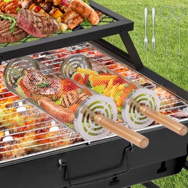 YYAQZD 2 Piece Stainless Steel Grill Basket Set, Rolling Large Capacity Grill Basket with Wooden Handle, Portable Grill Accessories for Cooking Meat, Fish and Vegetables Outdoors or Camping, Perfect