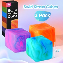 Swirl Stress Cube Squishy Toys, 3 Pack Super Solid Fidget Squeeze Square for Kids Teens Adults, High Density Malt Sugar Filled, Slow Rising Sensory Toys for Anxiety Stress Relief ADHD
