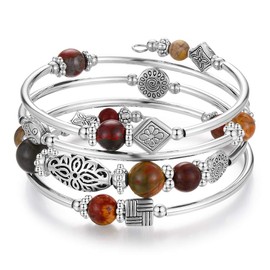 BULINLIN Beaded Silver Bangle Wrap Bracelet for Her, Layered Bohemian Bracelets with Natural Stone, Jewellery Gifts for Women Ladies(Picasso)