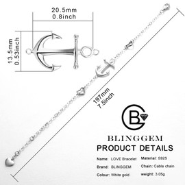 BlingGem Bracelet for Women 925 Sterling Silver Anchor Bracelet Good Luck Symbol Strength Charm Bracelet Sea Ocean Lover Gift for Women