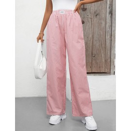 LOMON Women's Striped Wide Leg Boxers Pants Cotton Pajama Lounge Pj Casual Trousers Y2K Flowy Bottoms with Pockets (Red White Stripe, S)