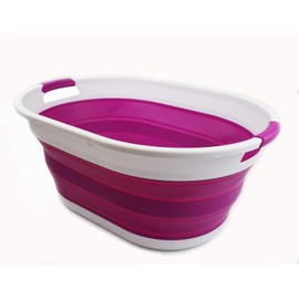 SAMMART 39L Collapsible Plastic Laundry Basket-Oval Tub/Basket-Foldable Storage Container-Space Saving Laundry Hamper, Water capacity :30L(White/DarkOrchid) Size : 24 x 17.7 x 10.75 inches