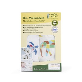 GRÜNSPECHT Organic Muslin Nappies 70 x 70 cm 100% Cotton (kbA) Burp Cloths, without Optical Brighteners, Skin-Friendly & Absorbent, Pack of 2, Blue Orange Yellow Animals (690-V3)