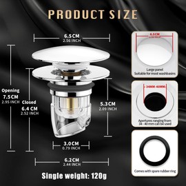 1 x Pop Up Sink Strainer, Stainless Steel Sink Plug, Stainless Steel Sink Plug, Universal Drain Plug with Strainer, Suitable for Kitchen, Bathroom, Sink (Diameter 34-40 mm).