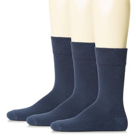 Hugh Ugoli Calcetines de vestir de algodón para hombre, colores lisos, ajuste regular, cuello redondo, calcetines casuales | Talla de zapato 6 a 15 (paquete de 3), Azul marino, 13-15