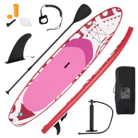 GYMAX Inflatable Stand Up Paddleboard, 6.5" Surfing Boarding with Hand Pump, Adjustable Paddle, Repair Kit, Carrying Bag & Removable Fin, Heavy Duty for Adult Beginner Teenager (Red Wave, 10.5FT)