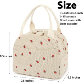 Lunch Bag for Women Girls Cute Corduroy Lunch Tote Bags Reusable Insulated Lunch Box Large Capacity Reusable Insulated Cooler for Work Picnic or Travel(Beige Strawberry)