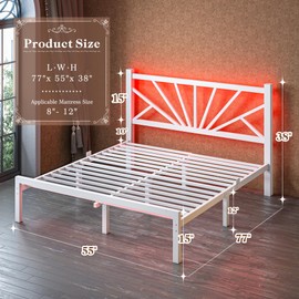 Metal Full bed frame with LED Lights,Full Size bed frame with Headboard,Heavy Duty Sturdy Mattress Foundation with Storage Space,Strong Metal Slats Support,Noise Free,No Box Spring Needed,White