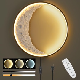 Skylumate Dimmable Moon Wall Sconces 15.8inch 22W Plug in Modern LED Wall Light with Remote Control Black Wall Lamp Indoor Wall Mounted Lighting Fixture for Living Room Bedroom Hallway Stairs