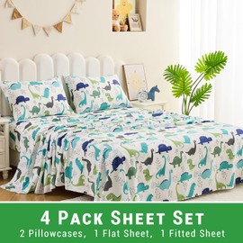 Gogreen Bed Sheet Set for Kids, Full Size Sheets Microfiber Fitted Sheet, Breathable & Silky Soft Feeling Kids Sheet Set 4 PCs Tiny Dinosour Full Bed Sheet