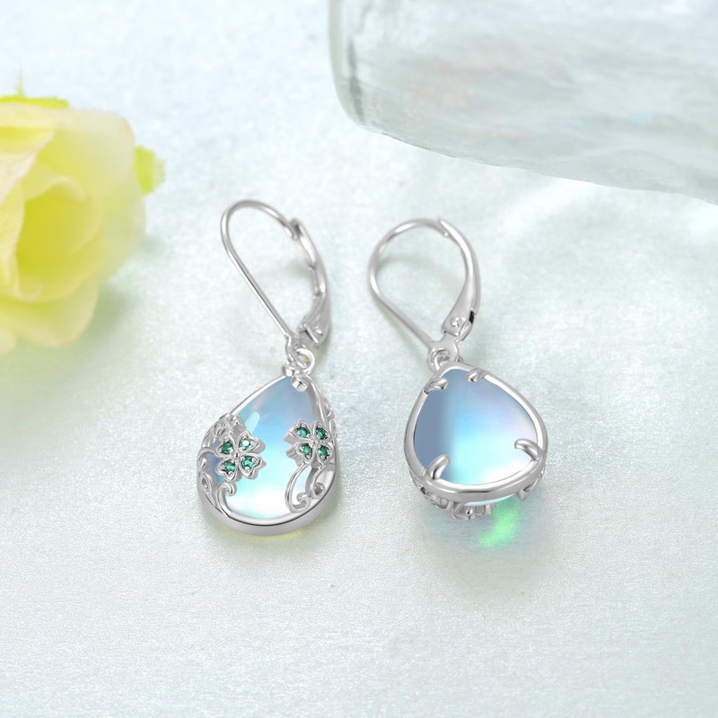 SCZKLAQ 925 Sterling Silver Four Leaf Clover Earrings with Moonstone