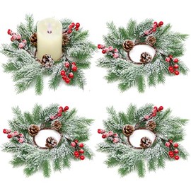 Acmee Christmas Candle Rings - Set of 4 Artificial Red Berries and Pinecones Candle Rings 10 Inch Xmas Candle Wreaths for Christmas Thanksgiving Kitchen Window Table Centerpieces