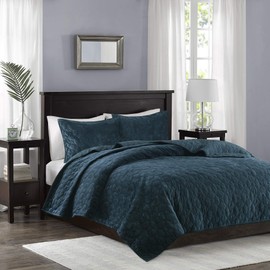 Madison Park Harper Quilt Set Velvet Casual Geometric Stitching Design All Season, Lightweight Coverlet, Cozy Bedding, Matching Shams, Full/Queen(90"x90"), Teal 3 Piece