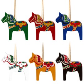 Dala Horse - Adornos de Navidad suecos de 6 piezas de madera de doble cara para árbol de Navidad, mesa, pared, regalo de fiesta