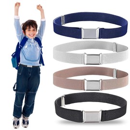 NCOALE 4 PCS Kids Belts, Adjustable Kids Elastic Belt for Boys and Girls with Silver Metal Square Buckle for Pants Skirt Uniform (Black, Silver, Navy Blue, Pink)