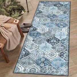 Zacoo Moroccan Trellis Runner Rug 2x6 Non Slip Vintage Kitchen Rugs Non Slip Washable Runner Rugs Bathroom Carpet Laundry Room Soft Area Rug for Bedroom Throw Rugs for Hallway Entryway Rugs Blue 2'x6'