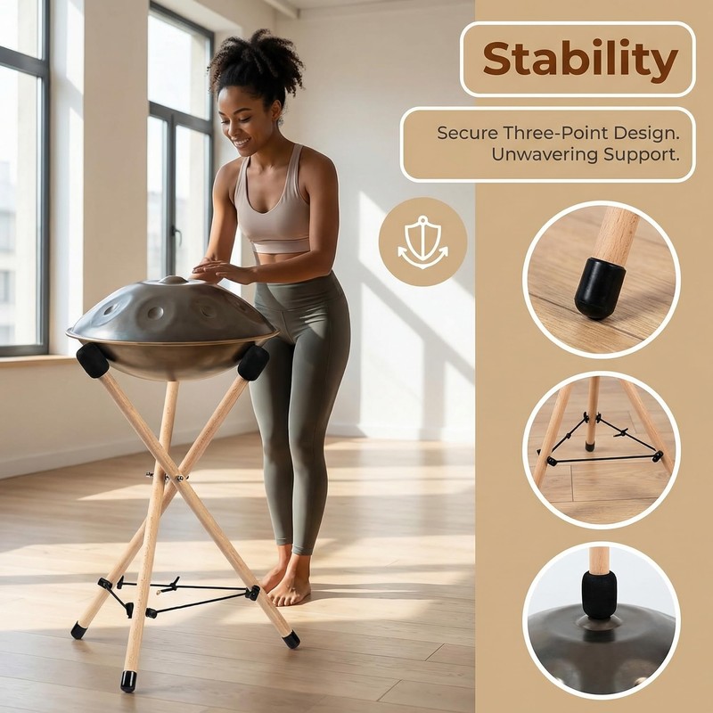 MJFUNTXY Handpan Stand Tongue Drum Bracket, Solid Wood Adjustable Tripod