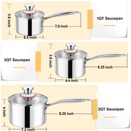 TeamFar Sauce Pan Set, 1+2+3 QT Stainless Steel Tri-ply Saucepan Small Cooking Pot with Lid, for Induction, Gas, Electric, Ceramic, Healthy & Heavy Duty, Ergonomic Handle & Dishwasher Safe