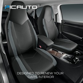 PIC AUTO Leather Car Seat Covers, Sports Carbon Fiber & Mesh Design, High-Back Two Front Set, Waterproof Automotive Seat Covers, Airbag Compatible, Universal Fit for Most Cars (Black & Gray)