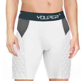 Youper Youth Elite Compression Padded Sliding Shorts w/Cup Pocket for Baseball, Football (White, Large)