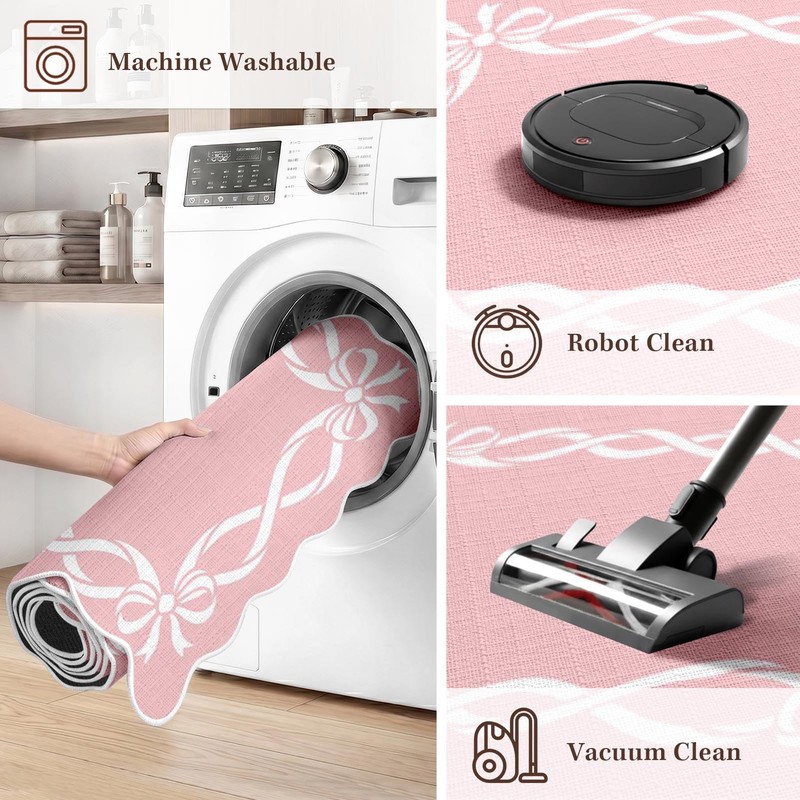 Scalloped Kitchen Rug Set of 3, Pink Bow Kitchen Mats