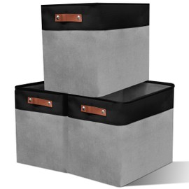 Large Open Fabric Storage Basket for Organizing, Collapsible Linen Closet Bins with Leather Handles for Shelves, Closets, Laundry, Decorative Basket for Gifts. (Black＆Gray, 3PCS/16.9*11.8*15inch)