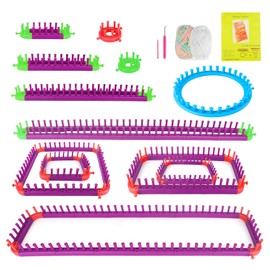 ilauke Knitting Looms Set, Including 1 Purple Plastic Removable Loom Frame and 1 Blue Round Non-Removable Loom Frame with 3 Crochet Hooks, 2 Yarn Balls, for Beginners