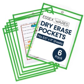 Essex Wares - 6 Pack, Green, Dry Erase Pocket Document Protectors, 10" Wide x 13.5" Tall - Dry Erase Clear Plastic Sleeves - Reusable & Easy Erase Plastic Invoice Holders, Water-Resistant & Durable