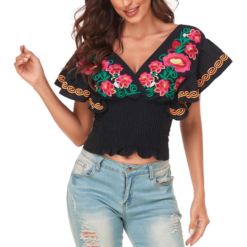 YZXDORWJ Women's Casual V Neck Sexy Elastic Waist Traditional Mexican