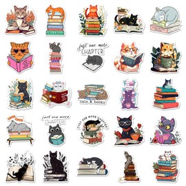Pack of 50 Cat Reading Stickers Car Laptop Phone Guitar Skateboard Motorcycle Bicycle Reading Cat Stickers Set Vinyl Waterproof Aesthetic Stickers for Teenagers Children Adults