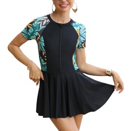 FYMNSI - Traje de baño de una pieza con cierre y manga corta para mujer, con pantalones cortos, modesto traje de baño atlético, Negro (Aqua Black), Large