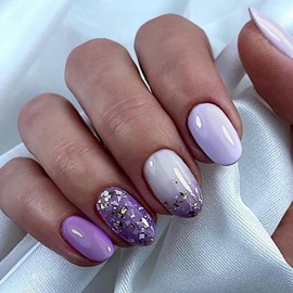 Press on Nails Short Round MABKJLF French Fake Nails Purple Gradient Full Cover Glue on Nails Purple Glitter Glossy False Nails with Designs Acrylic Nails Artificial Nails for Women Girls 24 Pcs