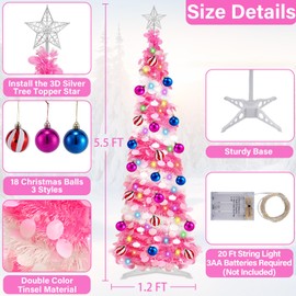 5 Ft Pop Up Pencil Christmas Tree with Timer 60 Warm White & Multicolor Change Lights, Pink Christmas Tree with 18 Ball Ornaments 1 Minute Xmas Tree Home Indoor Christmas Decorations