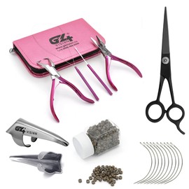 Professional Hair Extension & Beading Tool Kit Remove Plier Set for beads (4 Piece) I-Link Micro Ring Loop Needle Pulling Hook Threader Wire for Silicone Rings (Brown Beads)