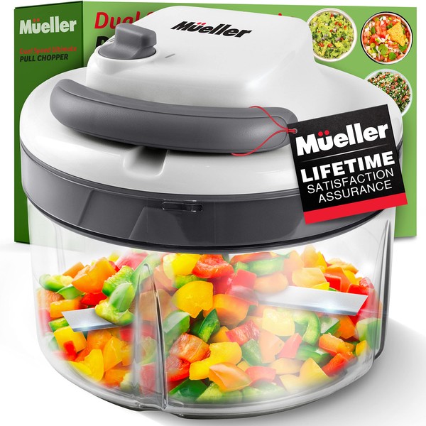 Mueller Strongest-and-Heaviest Duty 2 Speed Pull Chopper Vegetable Cutter for Nuts, Garlic and More, Manual Food Processor - Vegetable Slicer and Dicer, 40.5oz No BPA Bowl