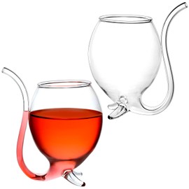 QWORK 2 Pack Vampire Wine Glass - 12oz Capacity, Round Vampire Shape with Drinking Tube -Decanter Cups Mugs for Wine, Champagne, Juice - for Home Bar, Parties, Clubs