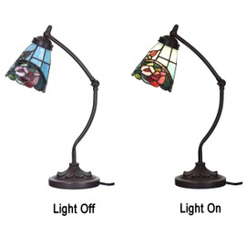 Bieye L10759 Rose Flower Tiffany Style Stained Glass Rocker Arm Desk Lamp Night Light with 5 inch Wide Lampshade for Working Reading Table, Green Red, 19 inch Tall
