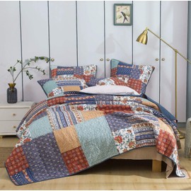 DaDa Bedding Cotton Bohemian Vibes Patchwork Bedspread Quilt - Rustic Mediterranean Floral Quilted Set - Bright Vibrant Multi-Colorful - Deep Blue & Brick Red - Queen - 3-Pieces