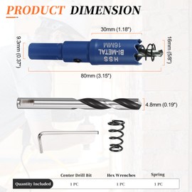 METALLIXITY Bi-Metal Hole Saw Kit 16mm (5/8"), M42 High Speed Steel Hole Cutter with Center Drill Bit, Hex Key and Spring - for Metal Sheet, Wood, Plastic Plate and PVC Board. Blue