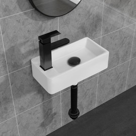 White Wall Mounted Ceramic Bathroom Sink, 7" x 14" Rectangle Floating Porcelain Vessel Sink with Black Faucet and Pop up drain Set for Small Bathroom, Left Hand
