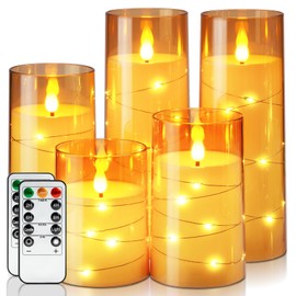 Homemory Acrylic Flameless Candles with Embedded Star String Fairy Lights, Battery Operated Candles, LED Candles, Fake Candles with Remote Control and Timer, Amber, Set of 5(H4 5" 6" 8" 8")