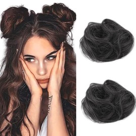 2PCS Mini Claw Clip in Hair Bun Messy Cat Ears Hair Bun Extension Synthetic Hair Chignon Donut Wig Accessory Updo Space Bun Hair Pieces for Women Girls (Black)