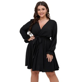 SCOMCHIC Women's Plus Size Long Sleeve Wrap V Neck Tie Waist A Line Mini Dress Black